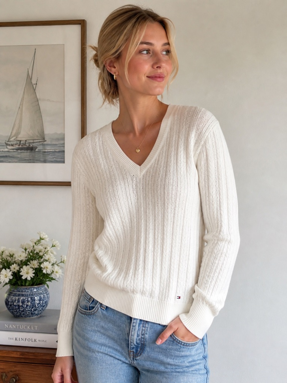 Tommy Hilfiger Ivory Cable Knit V Neck Sweater XL 100% Cotton Coastal Preppy
